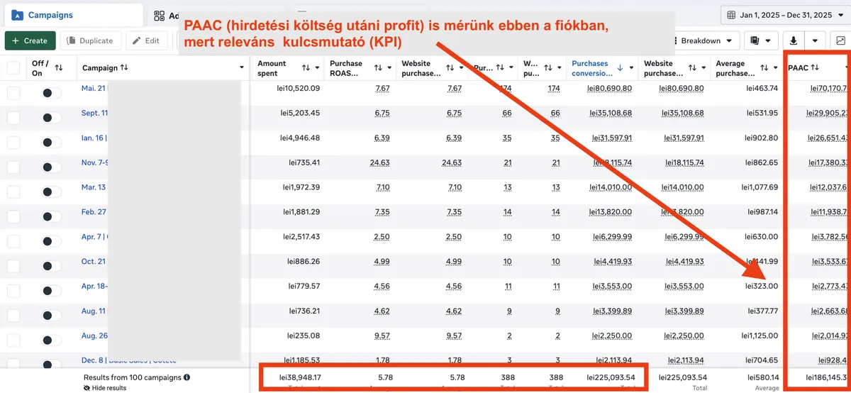 Meta Ads kampány eredménye, amit egy webshopnak futtattam