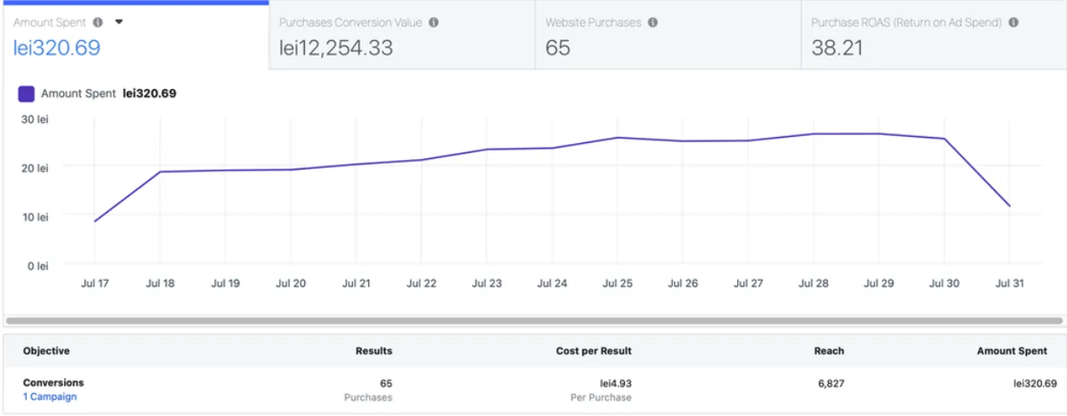 Meta Ads kampány eredménye, amit egy webshopnak futtattam